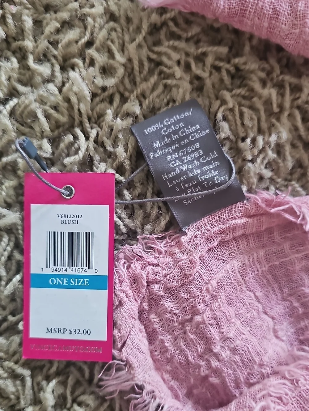 NWT Vince Camuto Scarf 100% Cotton Crinkled Gauze Texture Frayed Tassel Edges